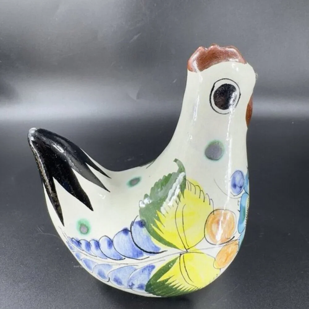 VTG Tonala Mexico Folk Art Pottery Chicken Rooster Hand Painted Figurine‎ Signed